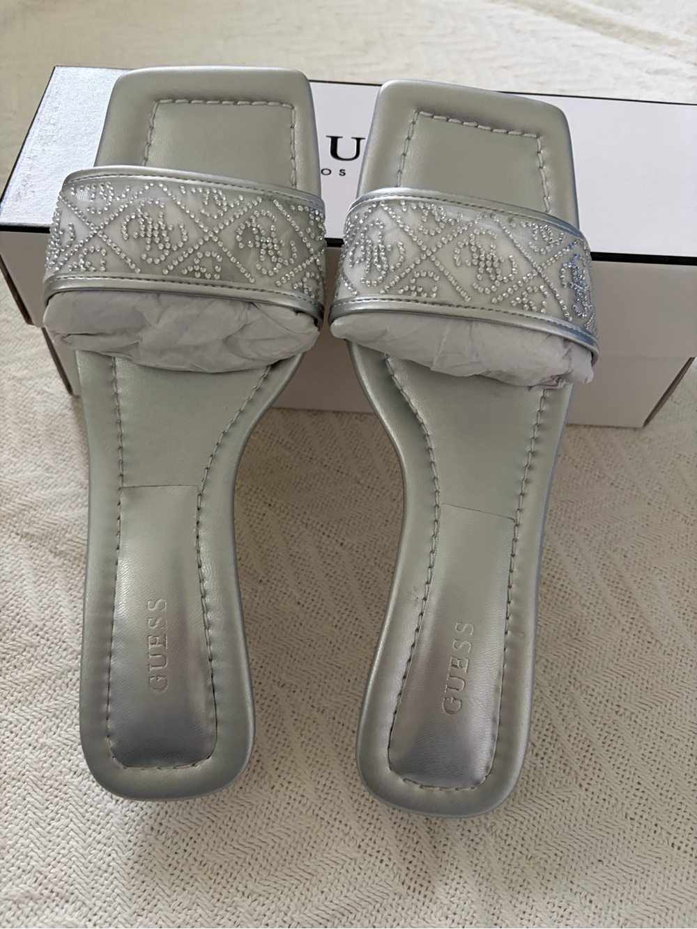 GUESS Metallic Silver Embellished Slide Sandals